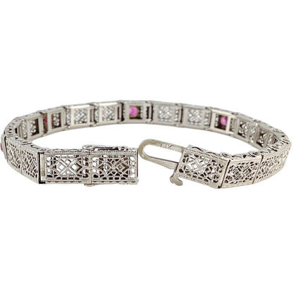 14KT White Gold Antique Filigree & Ruby Bracelet