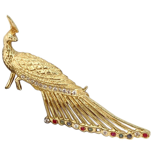 14Kt Gold Peacock Brooch w Gems on Feathers