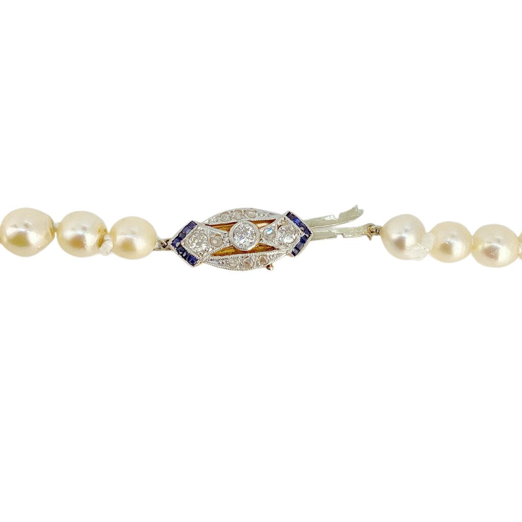 Graduated Cultured Pearl Necklace w Platinum Clasp Set w Diamonds & Sapphires