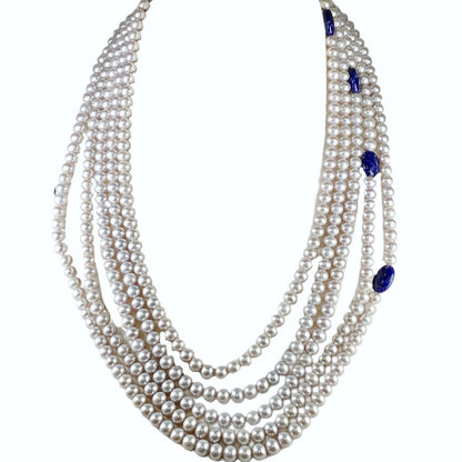 Bounkit Statement Necklace w 5 Strands of Gray Pearls w Sterling Clasp