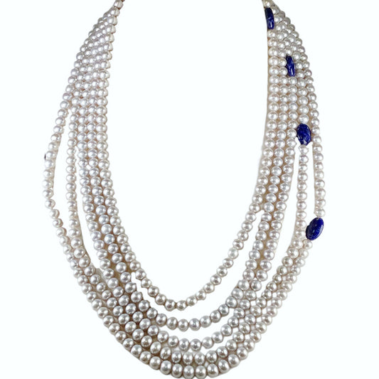 Bounkit Statement Necklace w 5 Strands of Gray Pearls w Sterling Clasp