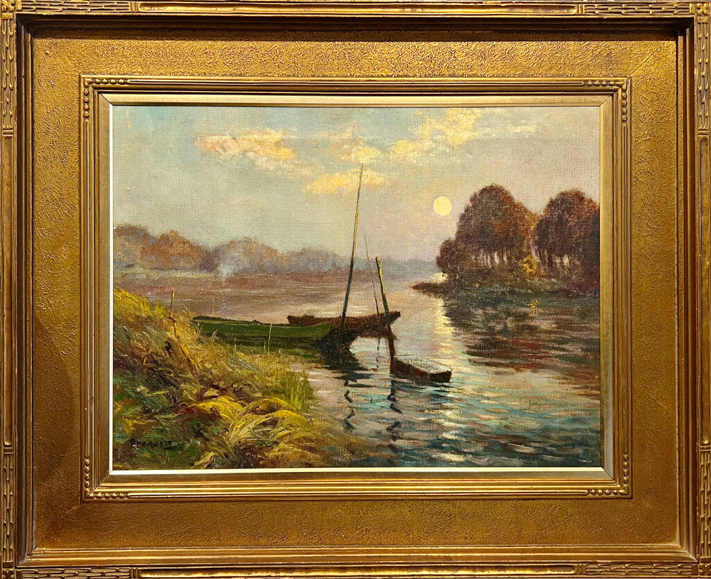 Esperance Broquet. Moonlit River Scene. Oil on Canvas.