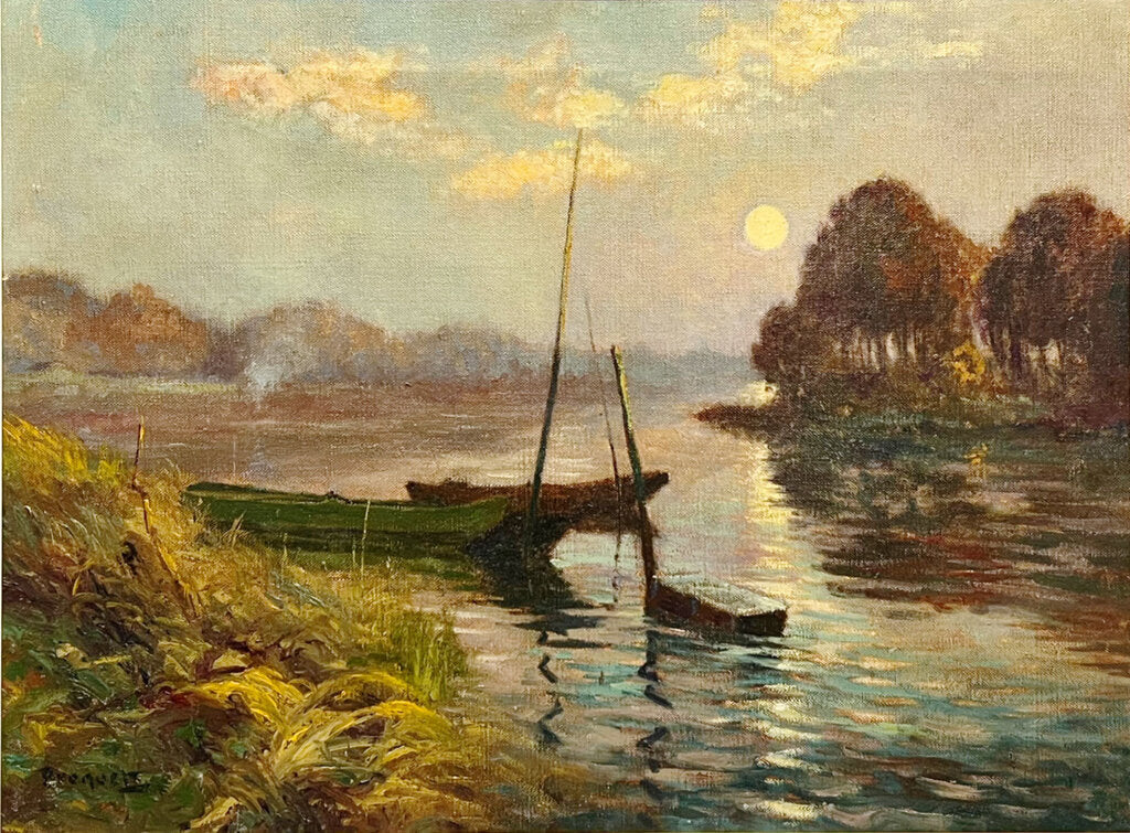 Esperance Broquet. Moonlit River Scene. Oil on Canvas.