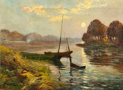 Esperance Broquet. Moonlit River Scene. Oil on Canvas.