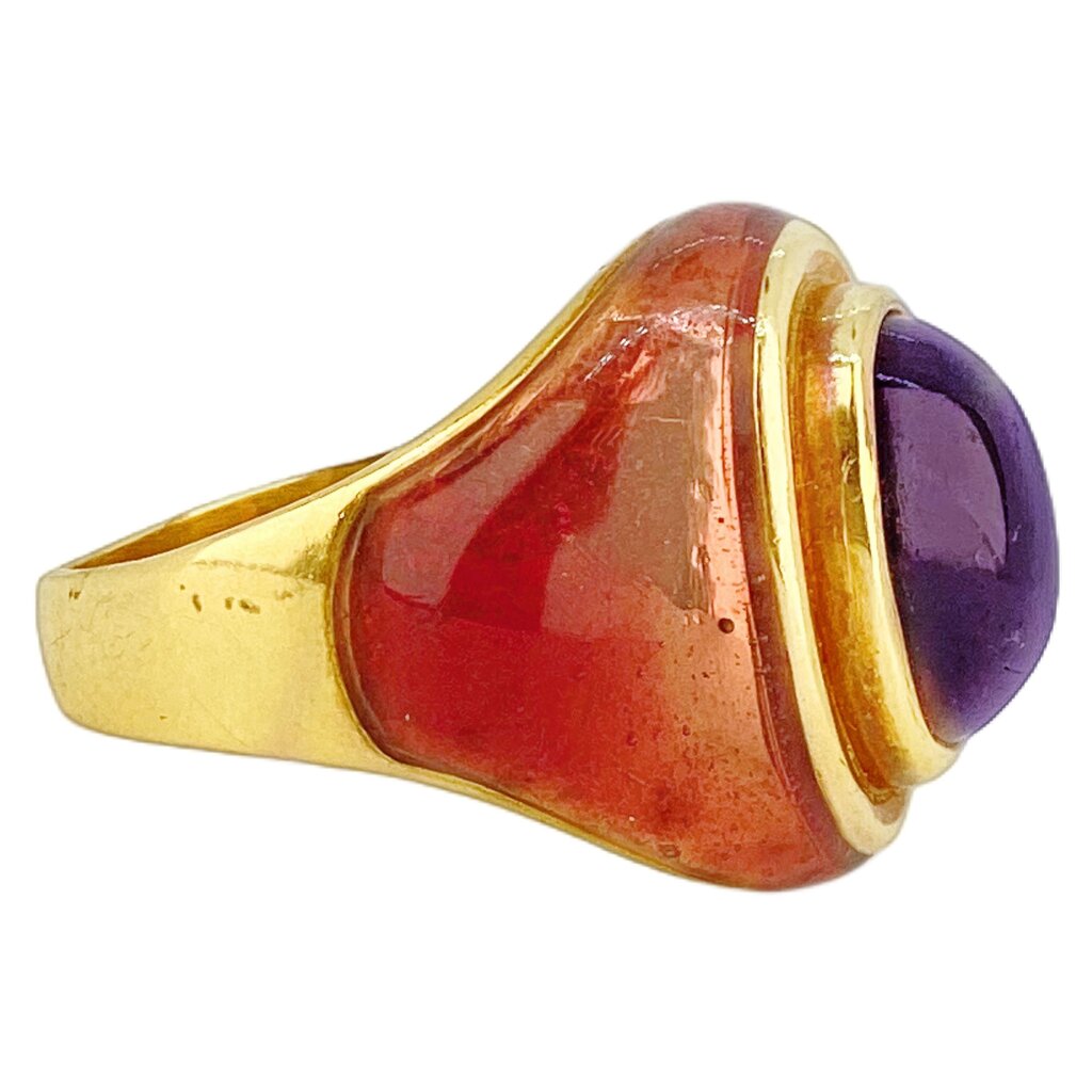 18Kt Gold Ring w Center Amethyst and Enamel