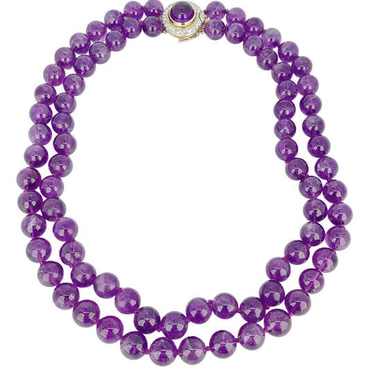 Amethyst Double Strand Necklace w 14Kt Gold Clasp w Diamonds Surrounding