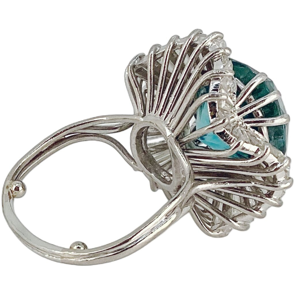 Blue Ziron Surrounded by 32 Tapered Baguettes Cut Diamonds Ring Set in Platinum