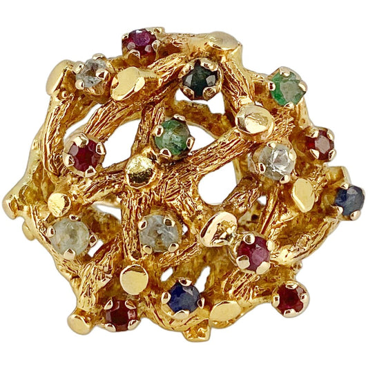 Vintage 14Kt Gold Domed Ring w Colored Gem Stones