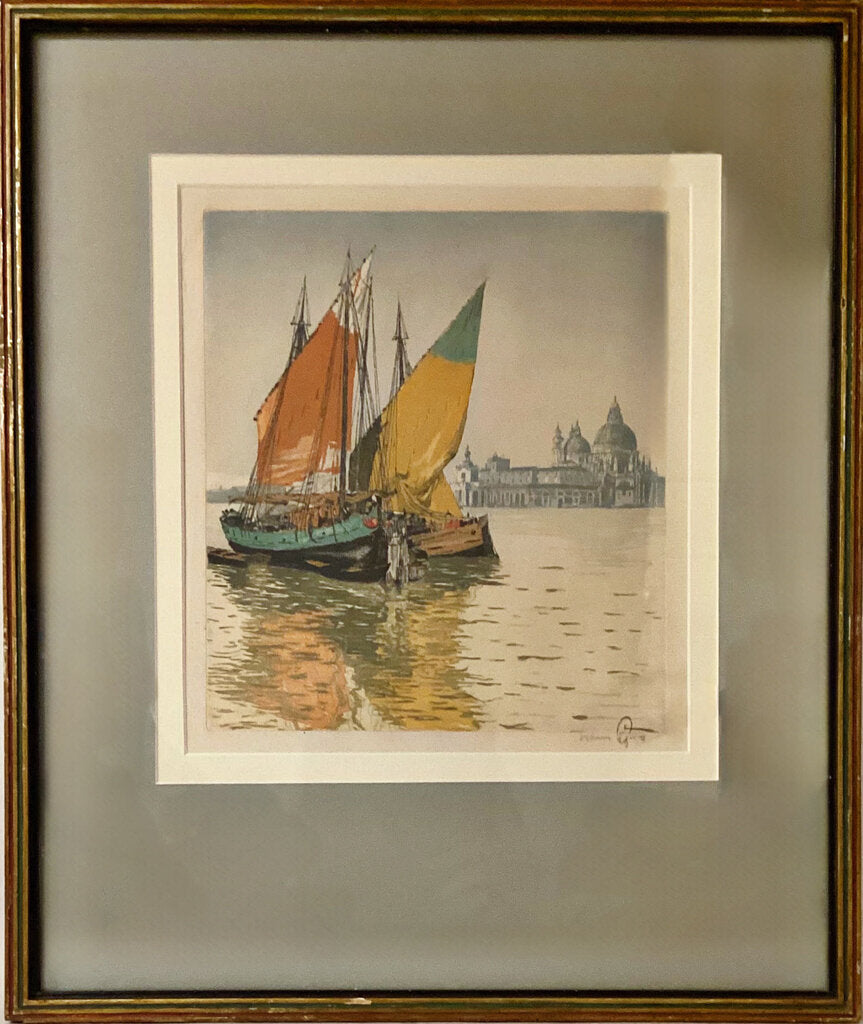 Hans Figura. Venice Boats. Colored Etching.