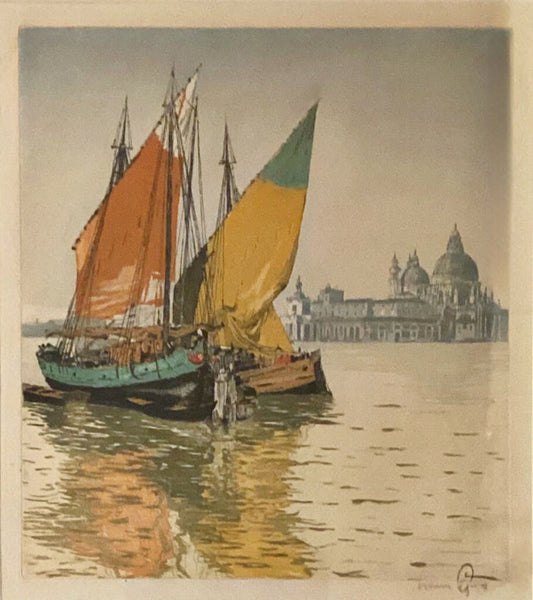 Hans Figura. Venice Boats. Colored Etching.