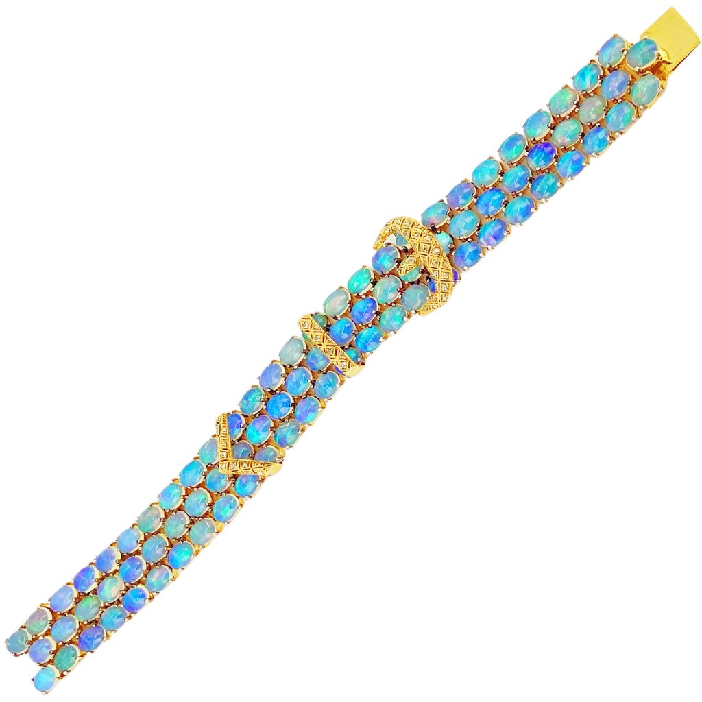 Vermeil Stering Belt Bracelet set w Opals & Diamonds & 14Kt Gold Clasp