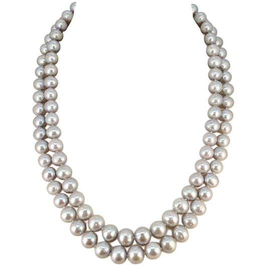 Double Strand Gray Cultured Pearl Necklace w Sterling Clasp