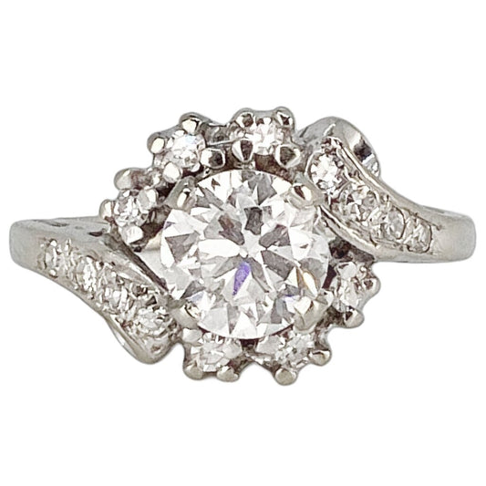 14Kt White Gold Ring set w .88cts Center Diamond Cluster Ring