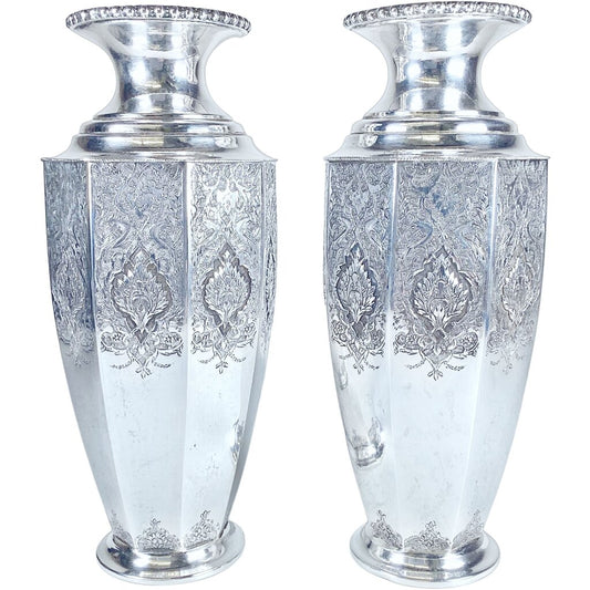 Pair of Sterling Persian Repousse Vases