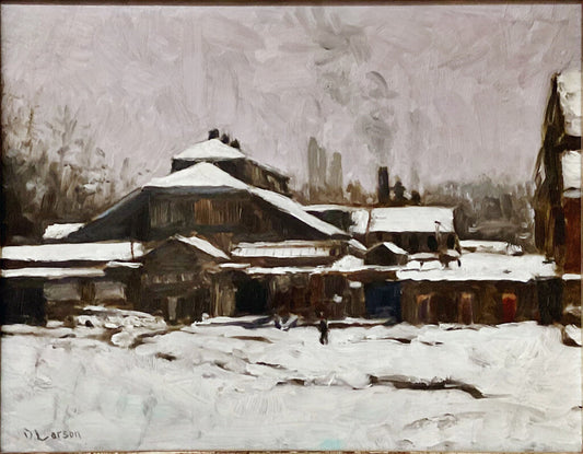 Dean Larson. "Factory in the Snow, Baltimore". Oil on Canvas.
