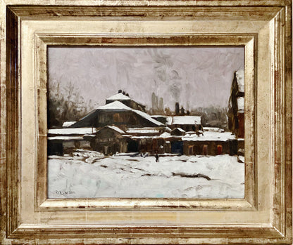Dean Larson. "Factory in the Snow, Baltimore". Oil on Canvas.