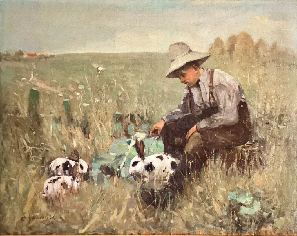 Arthur Macdonald. Boy with Rabbits Oil on Canvas.