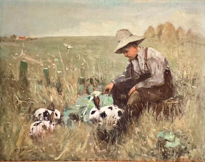 Arthur Macdonald. Boy with Rabbits Oil on Canvas.