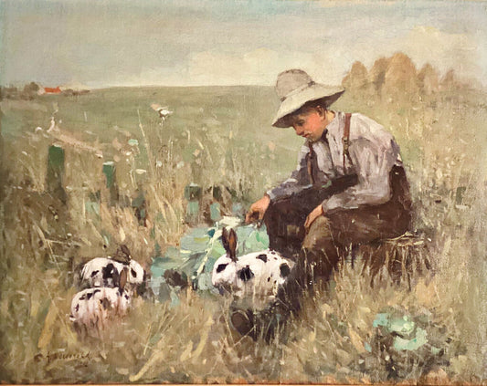 Arthur Macdonald. Boy with Rabbits Oil on Canvas.
