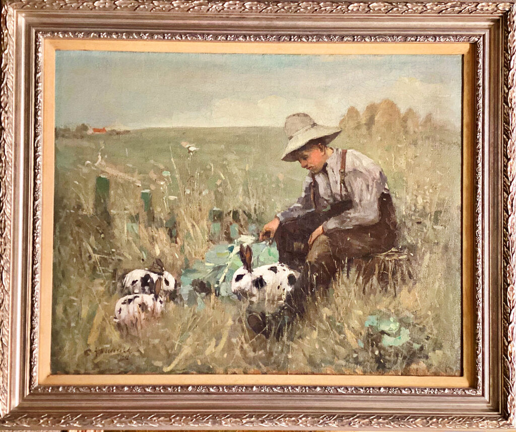 Arthur Macdonald. Boy with Rabbits Oil on Canvas.