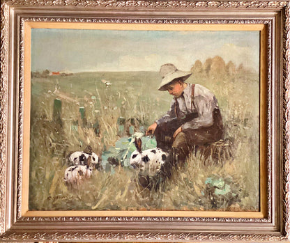 Arthur Macdonald. Boy with Rabbits Oil on Canvas.