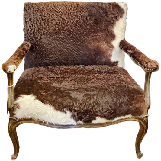 Custom Upholstered Brown Cow Hide Arm Chairs