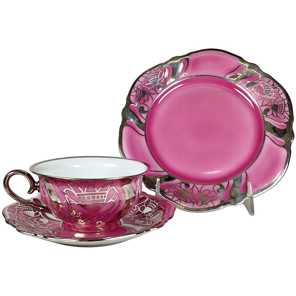 36 Piece Rosenthal Pink & Platinum Dessert Plates, Tea Cups & Saucers