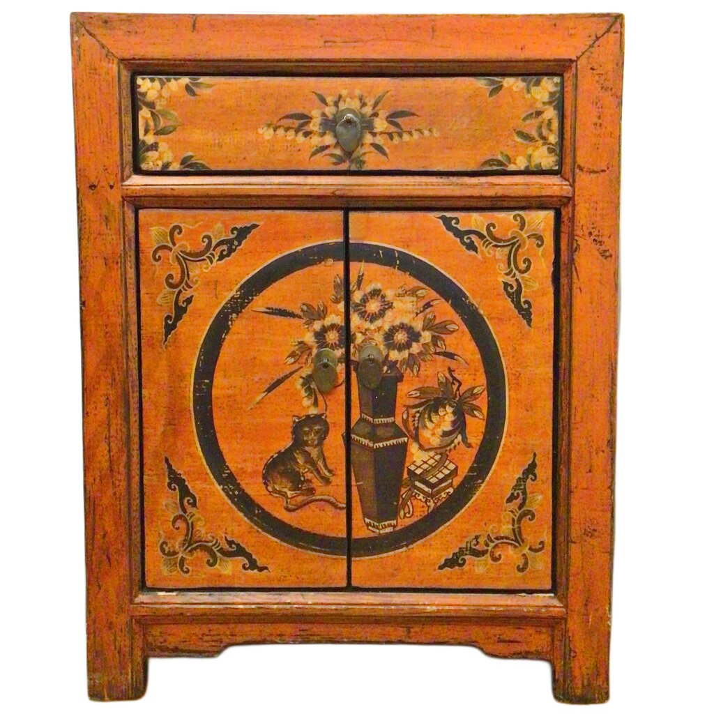 Orange Tibetan Elmwood Cabinet w/Cat Decoration