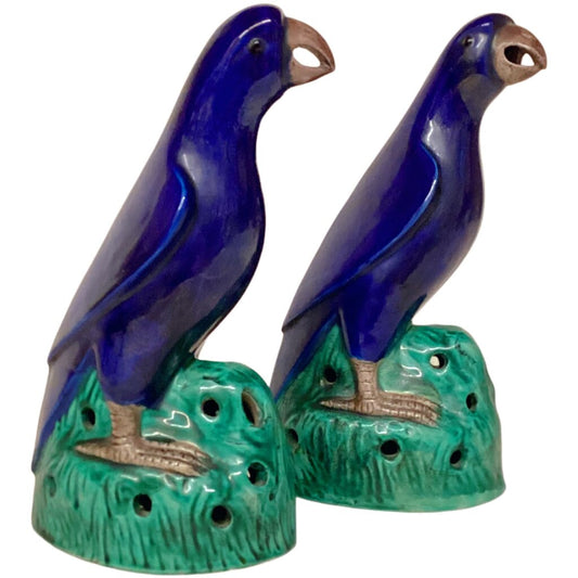 Pair of 1890 Chinese Blue Porcelain Parrots