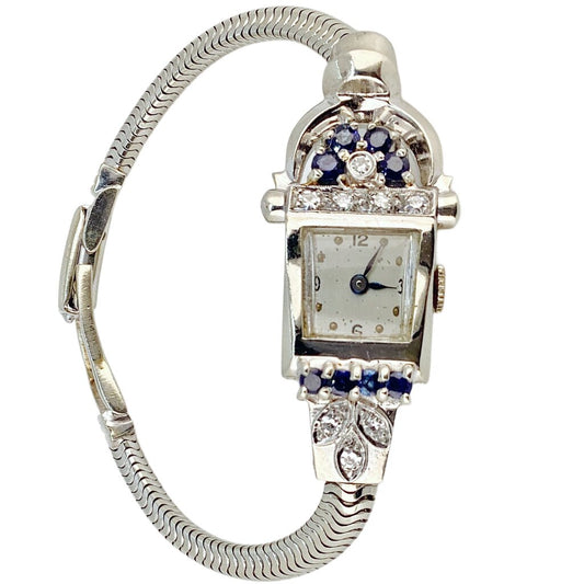 1940's 14Kt White Gold Ladies Watch w Diamond & Sapphires