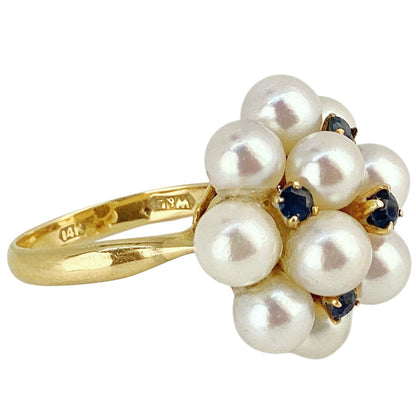 14Kt Gold Cultured Pearl & Blue Sapphire Cluster Ring