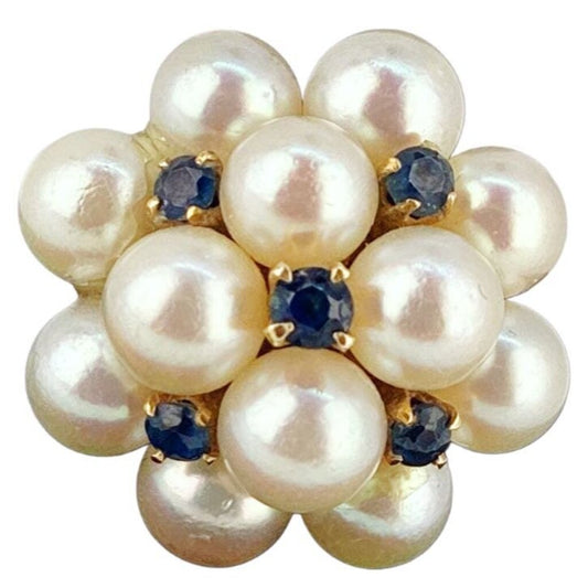 14Kt Gold Cultured Pearl & Blue Sapphire Cluster Ring