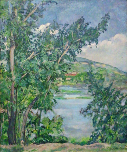 Lake View Through Trees. Oil on Canvas.