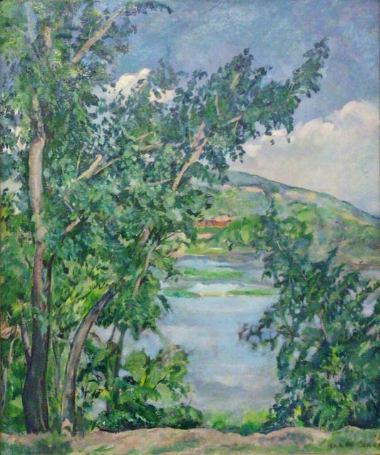 Lake View Through Trees. Oil on Canvas.