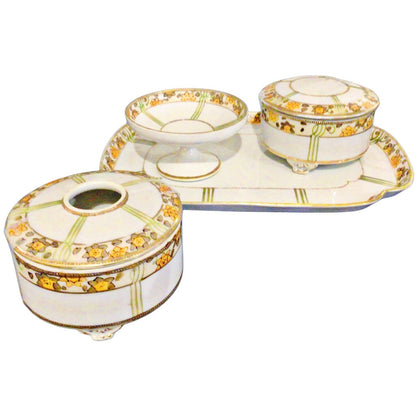 4 Piece Nippon Moriage Hand Painted Vanity Set