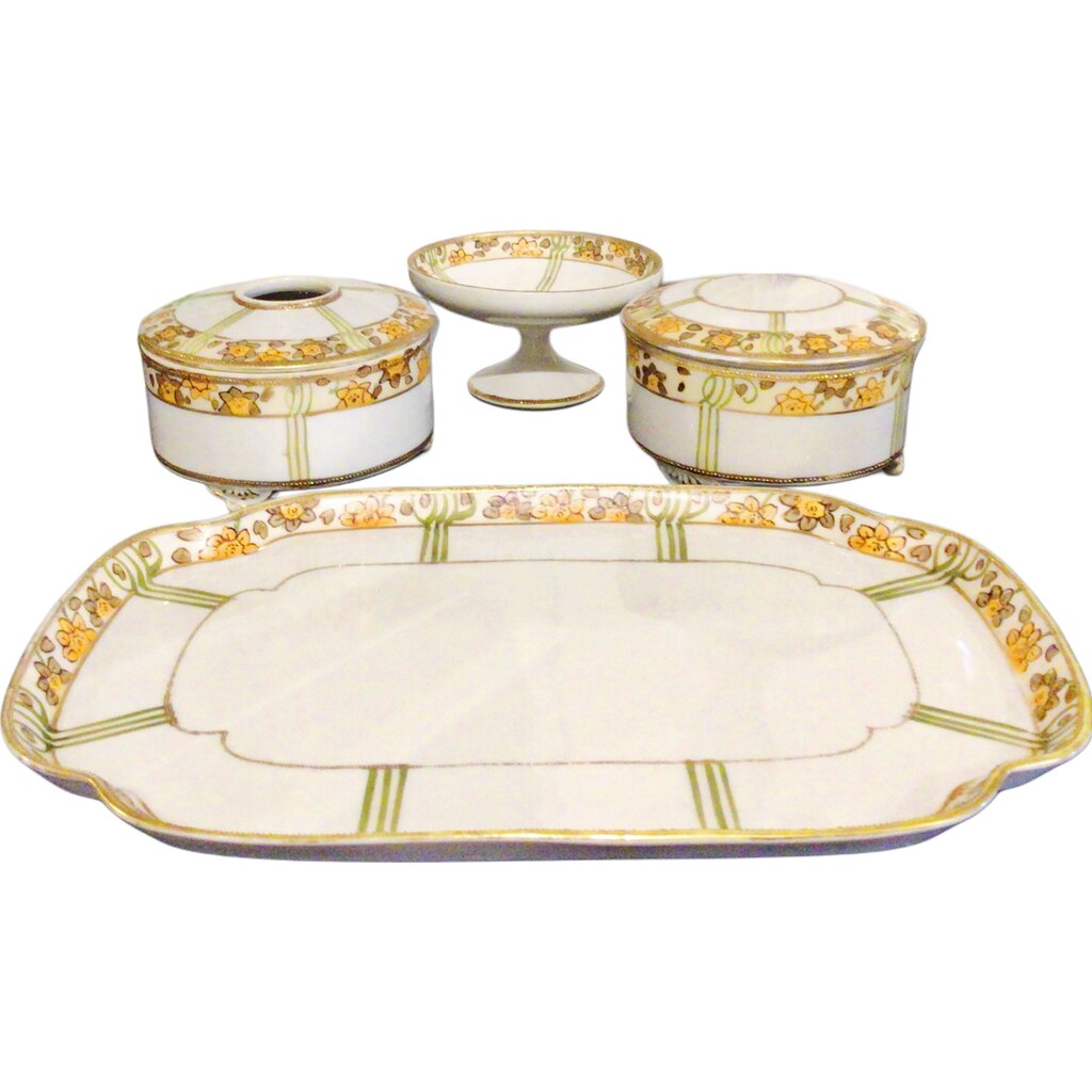 4 Piece Nippon Moriage Hand Painted Vanity Set