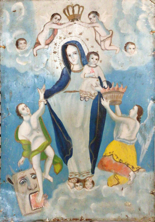 Nuestra Madre Santisima De La Luz, Holy Mother of Light. Mexican Folk Art Painting on Tin.