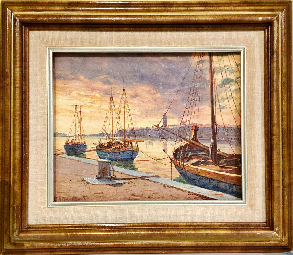 Milos Gvozdenovic. Sailboats at Sunset. Oil on Board