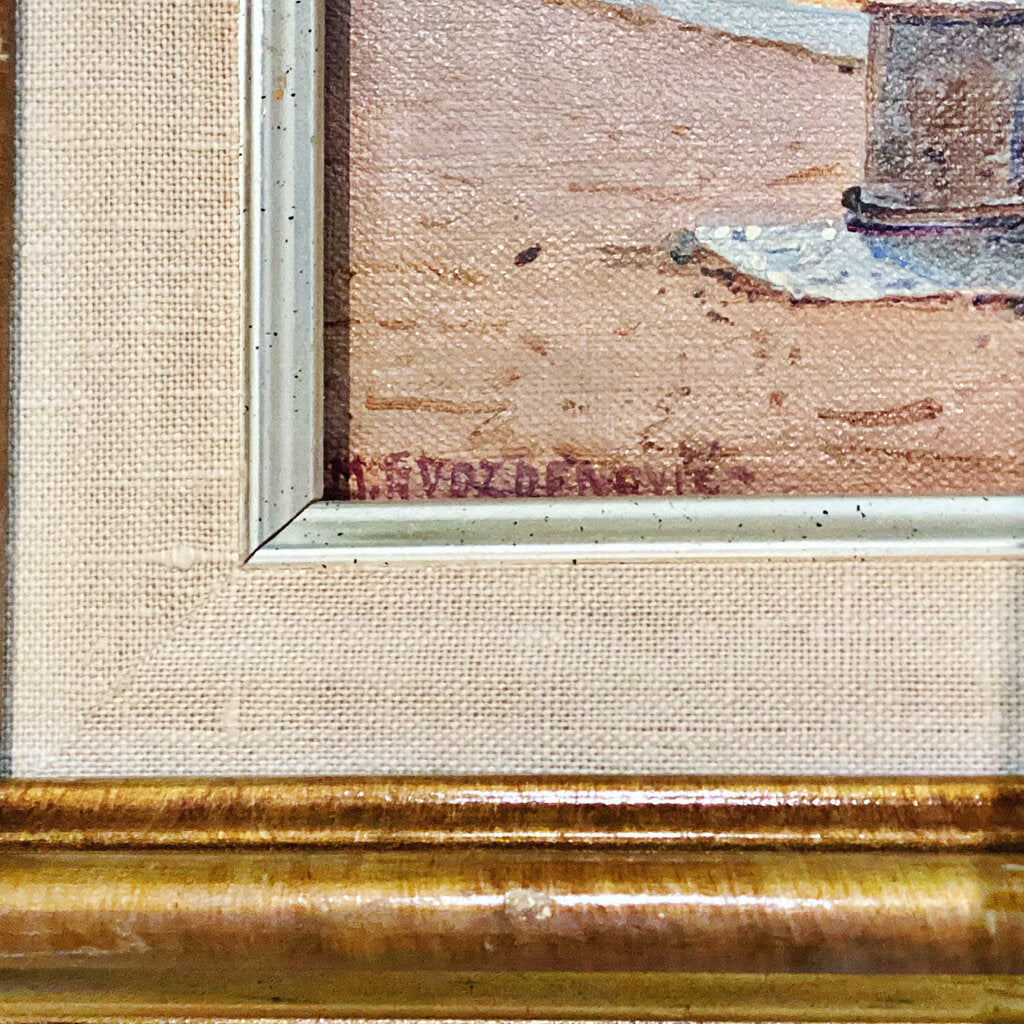 Milos Gvozdenovic. Sailboats at Sunset. Oil on Board