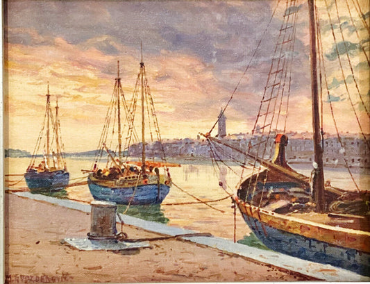 Milos Gvozdenovic. Sailboats at Sunset. Oil on Board