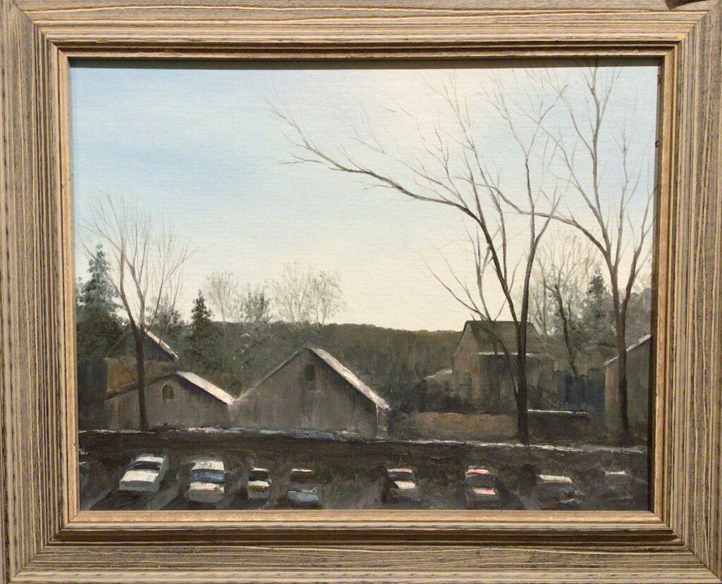 Unsigned. "View With House and Cars". Oil on Canvas.