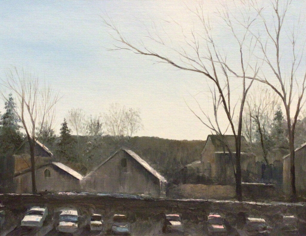 Unsigned. "View With House and Cars". Oil on Canvas.