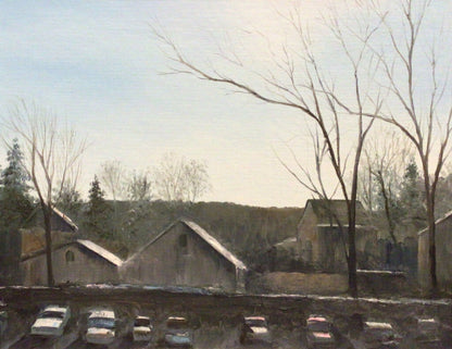 Unsigned. "View With House and Cars". Oil on Canvas.