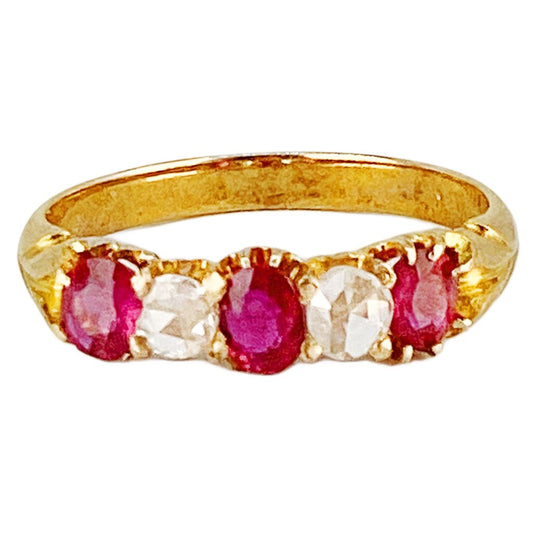 Victorian Tested 14kt Gold, Ruby and Diamond 5 Stone Ring