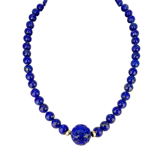 Carved and Polished Lapis Bead Necklace w/18kt Clasp