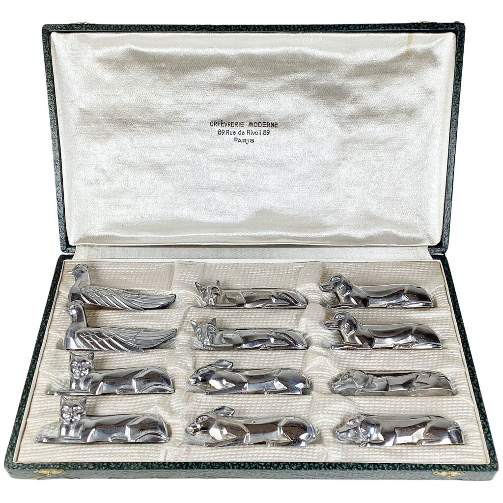 French Deco Nickel Plated Knife Rest Set in Box. c.1930's