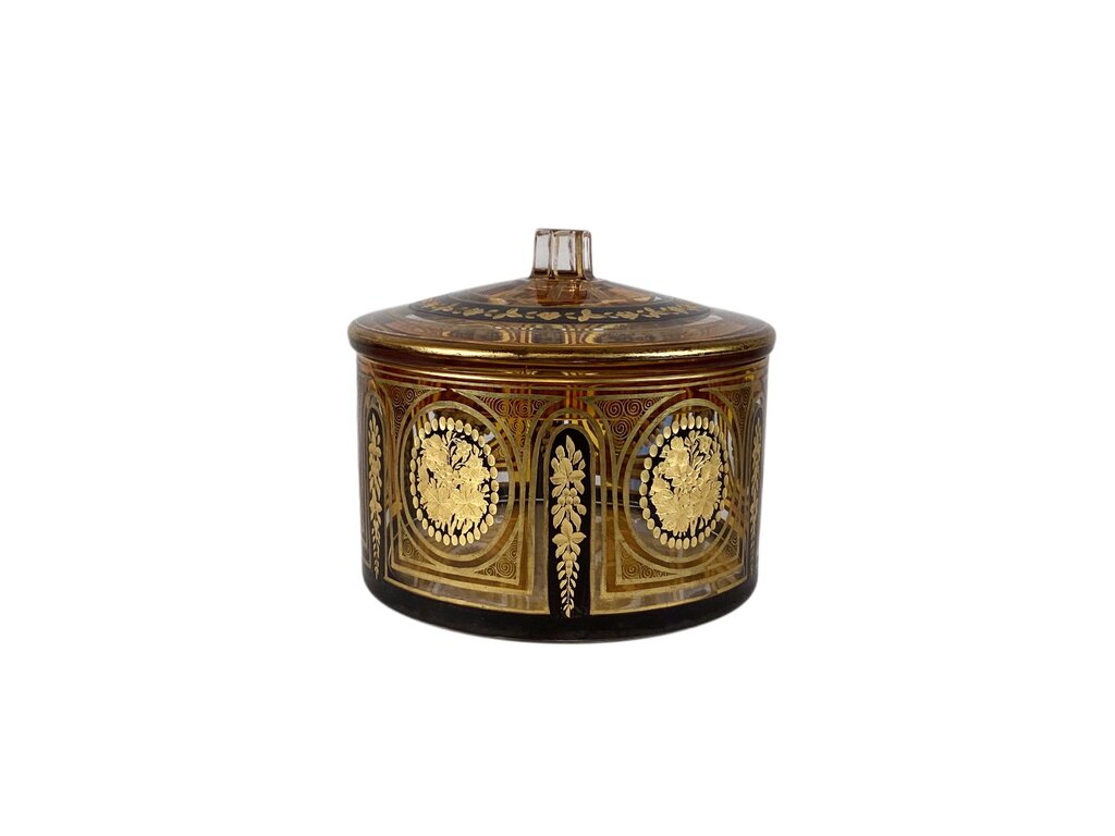 Vintage Amber & Gold Bohemian Glass Lidded Jar