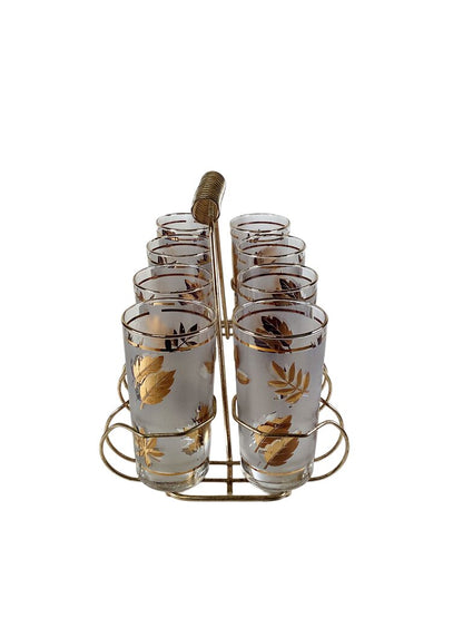 Vintage Libbey Gold Foliage Glasses w Caddy