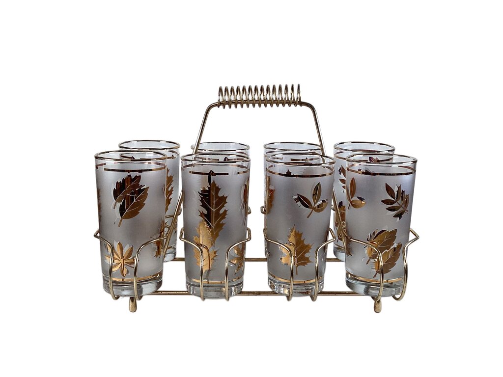Vintage Libbey Gold Foliage Glasses w Caddy