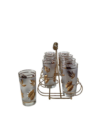 Vintage Libbey Gold Foliage Glasses w Caddy